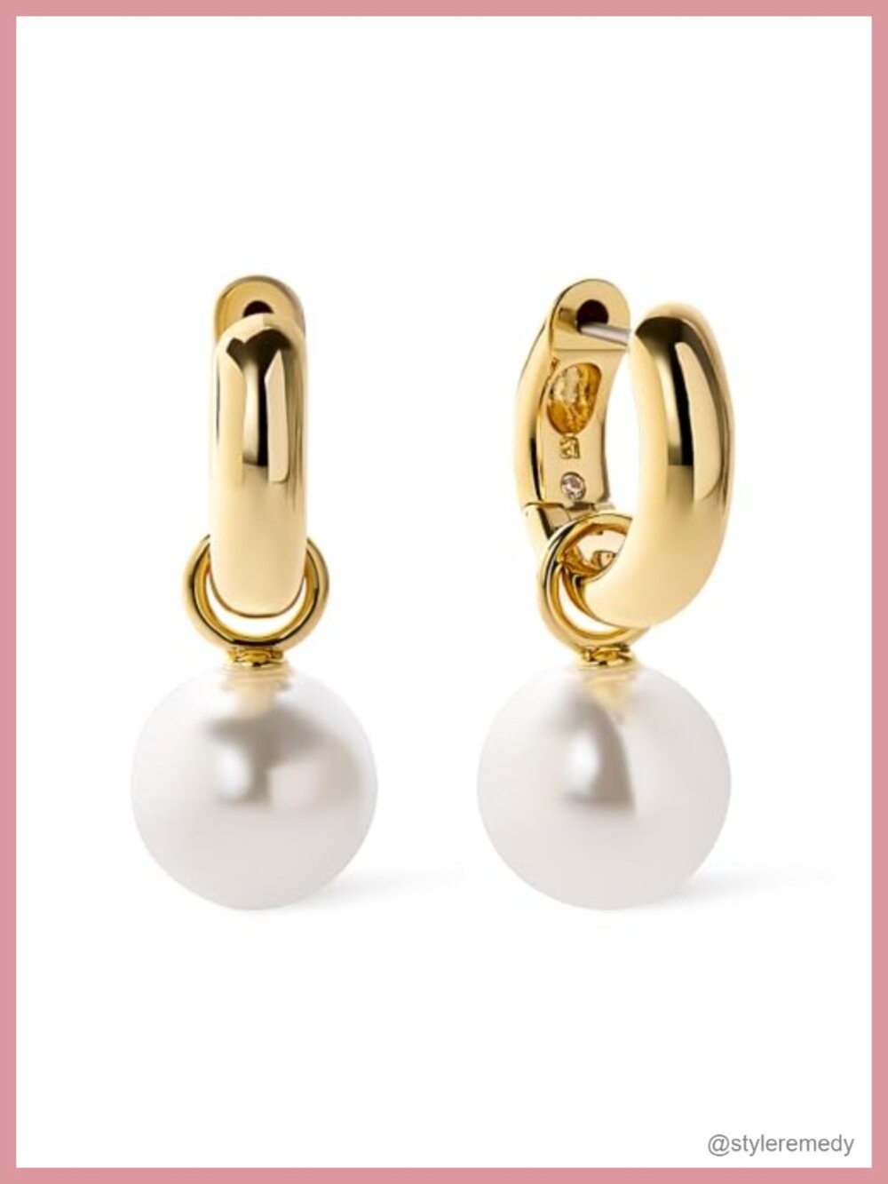 14K Gold Plated Pearl Huggie Hoops Silver Rhodium 2-in-1 Water-Resistant